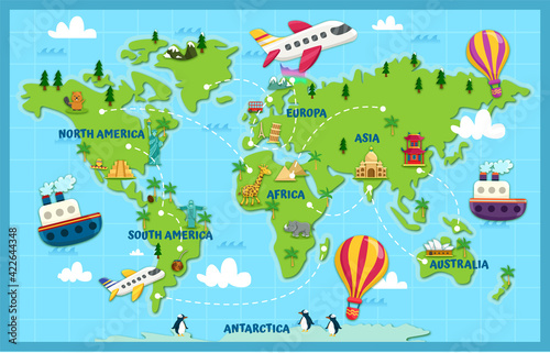World map pointing out the continents and different specific characteristics of each one, inviting you to travel and get to know the world.
