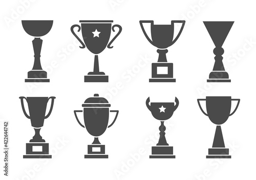 Award cups vector set, trophy black icons, sport champion prize isolated on white background. Winner illustration
