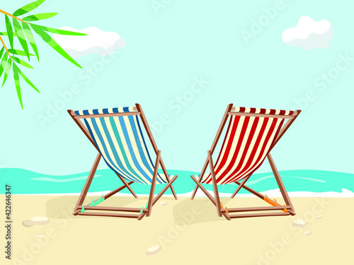 Sun beds on the beach by the sea. Cartoon colorful vector illustration