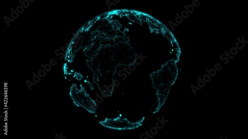 Graphic motion for news edition on TV broadcast with globe rotating on dark background. Abstract loop 4k video.
