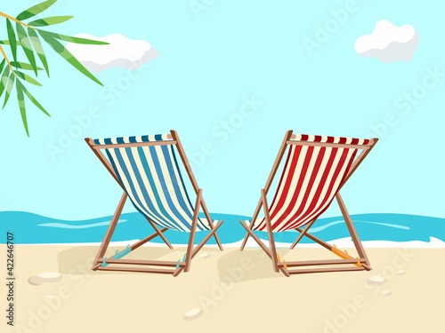 Sun beds on the beach by the sea. Cartoon colorful vector illustration