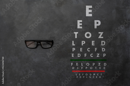 flat lay of the eyesight chart test, otical view check with glasses photo