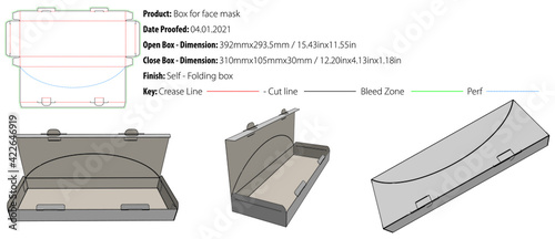 Face mask box packaging design template on the top with perforation on the top, selflock ,die cut - vector.