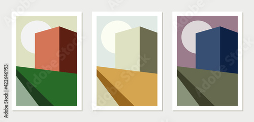 Set of abstract architectural art compositions in different bright colors. Minimal geometric shapes illustrations
