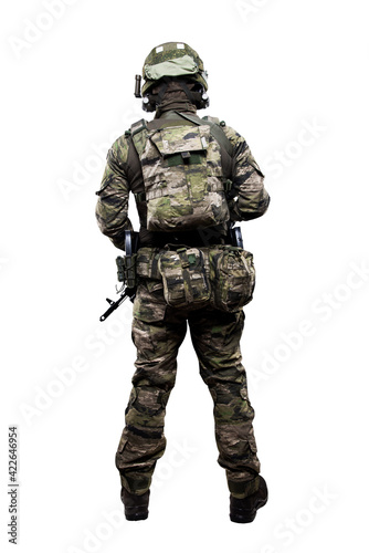 Male soldier in masking camo suit. Shot in studio. Isolated with clipping path on white background.