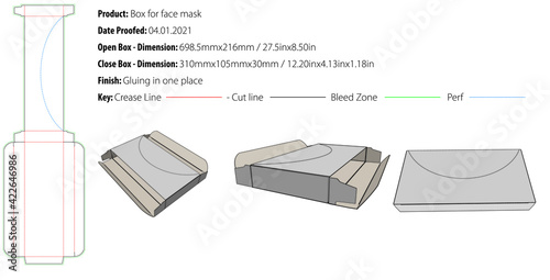Face mask box packaging design template on the top with perforation on the top, gluing on one place ,die cut - vector.