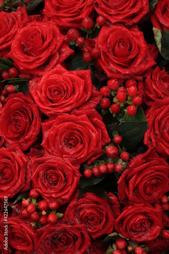 Red bridal roses with drops