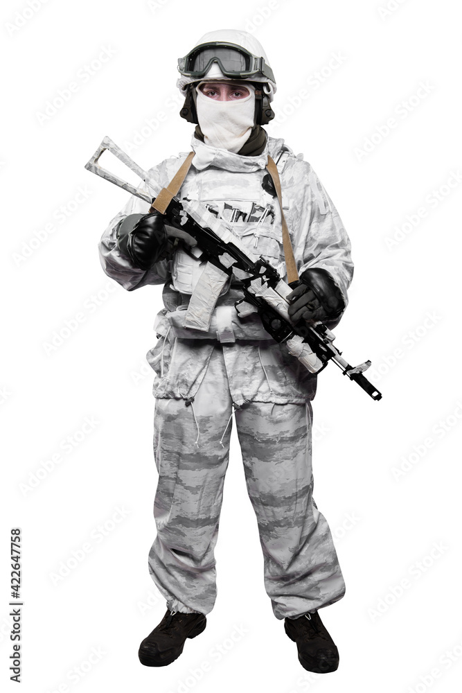 Male in soldier (snow camouflage) uniform with weapon. Shot in studio. Isolated with clipping path on white background Male in soldier (snow camouflage) uniform with weapon. Shot in studio. Isolated with clipping path on white background