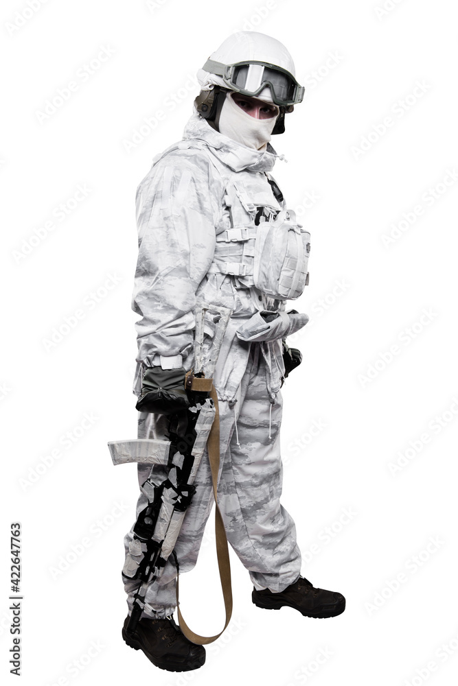 Male in soldier (snow camouflage) uniform with weapon. Shot in studio. Isolated with clipping path on white background Male in soldier (snow camouflage) uniform with weapon. Shot in studio. Isolated with clipping path on white background