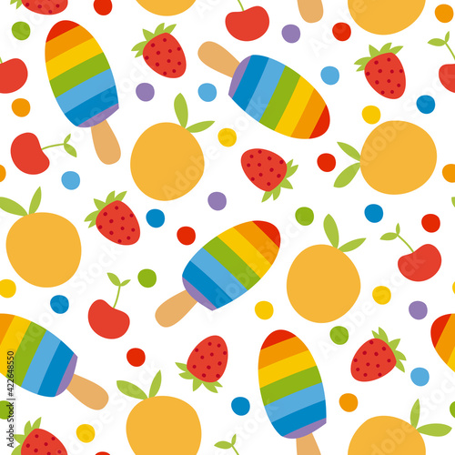 Colorful seamless pattern with ice cream and fruits. Isolated on white background.