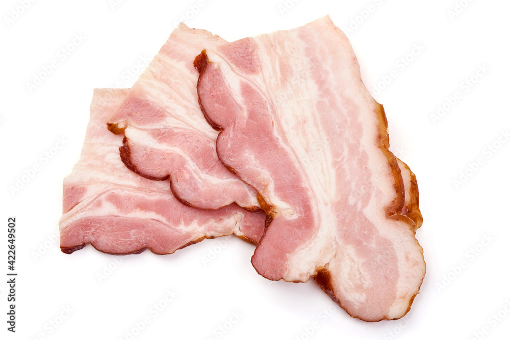 Pork brisket slices, smoked meat, isolated on white background Pork brisket slices, smoked meat, isolated on white background