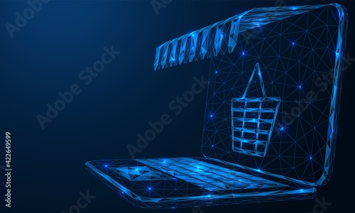 Online store. Laptop screen with awning. Polygonal construction of thin lines. Blue background.