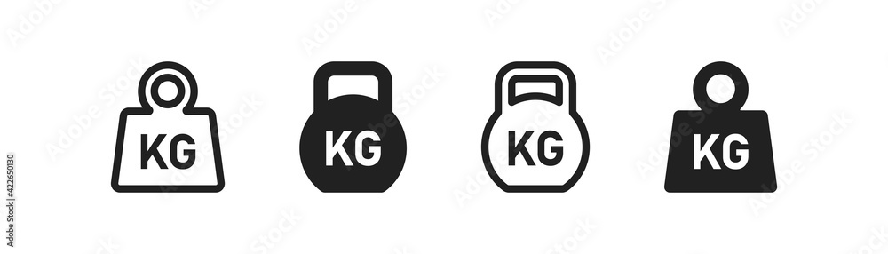 Weight icon set. Kg bell logo. Kettlebell, heavy sign. Iron dumbbell sumbol in vector flat
