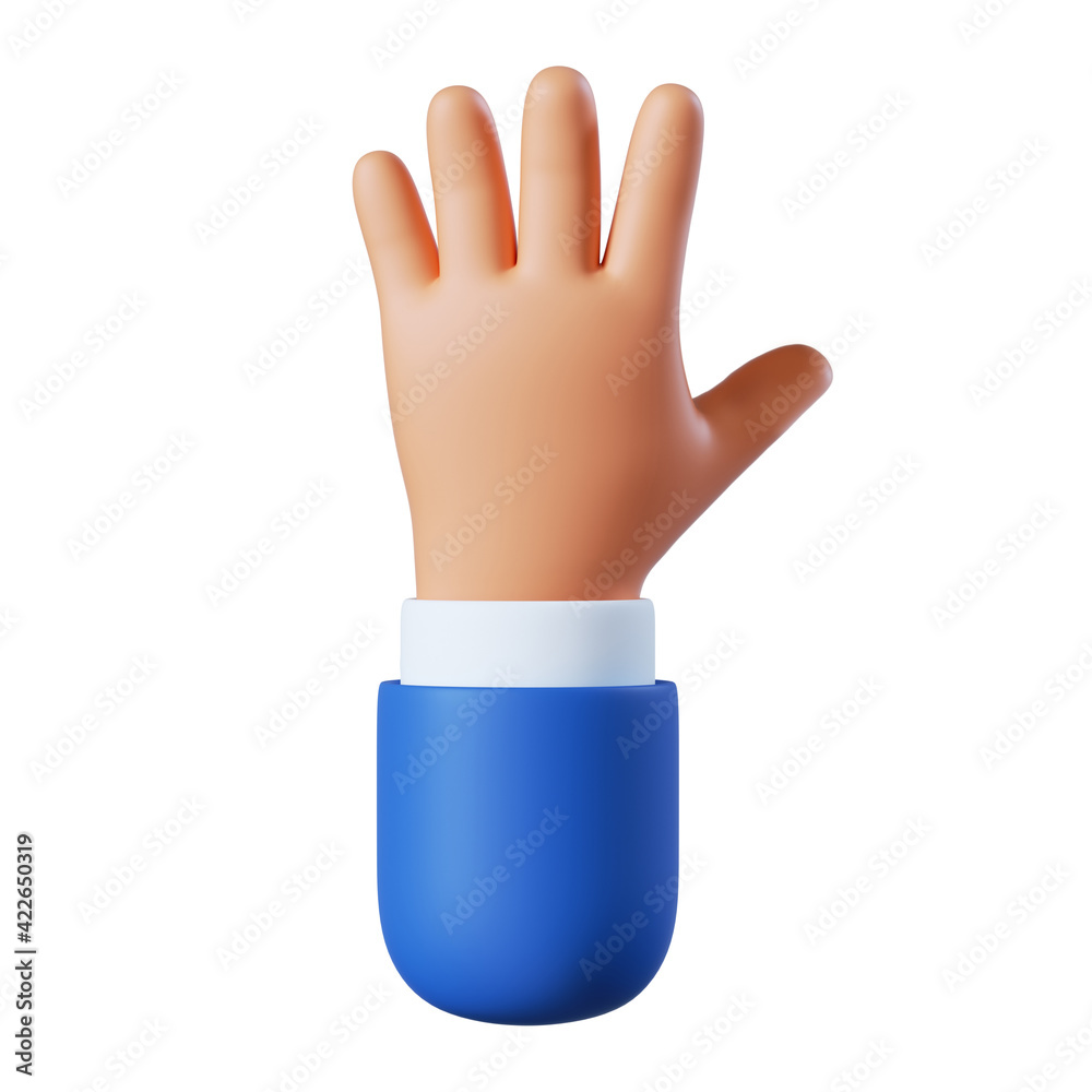 3d illustration. Five fingers counting icon. Open palm, hello gesture. Cartoon character hand. Business clip art isolated on white background 3d illustration. Five fingers counting icon. Open palm, hello gesture. Cartoon character hand. Business clip art isolated on white background