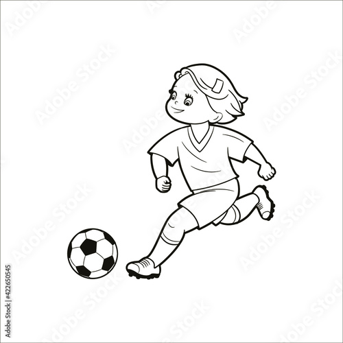 Coloring book girl soccer player kicks a soccer ball. Vector illustration in cartoon style, black and white isolated line art