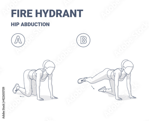 Fire Hydrant Exercise, Women Home Workout Routine Guidance or Hip Abduction Female fitness exercise.