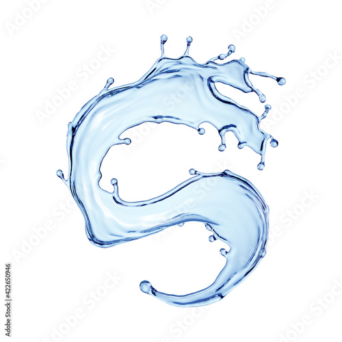 3d render, blue water jet, wavy splash clip art isolated on white background. Twisted liquid shape, splashing wave