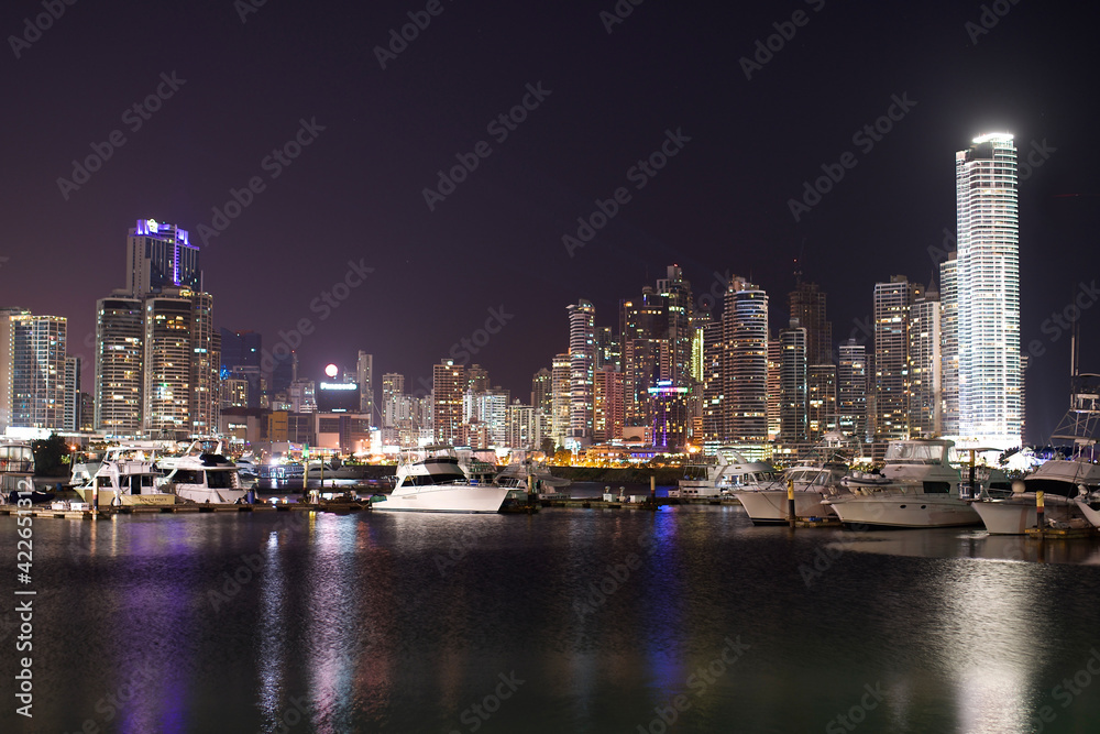 night Cityscape from across the bay in Panama with a serene reflection on the water. night Cityscape from across the bay in Panama with a serene reflection on the water.