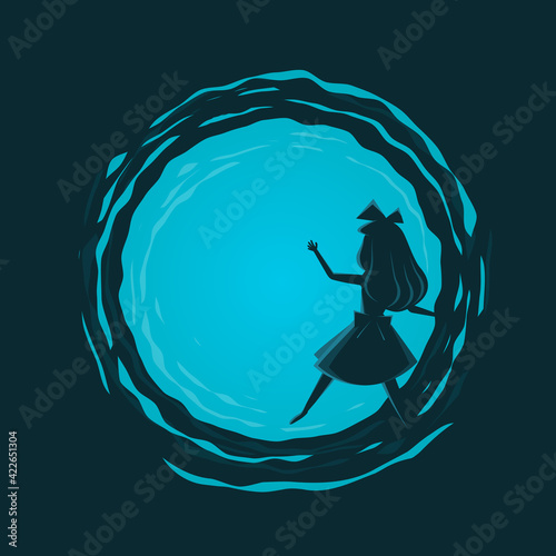 mystery cartoon illustration of a girl entering another dimension