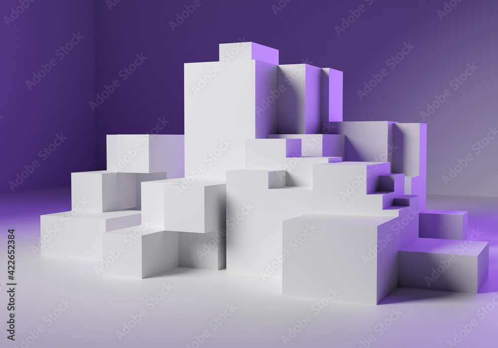 Lots of white boxes are in a heap. Cubes of different sizes are stacked on top of each other. Cubes-boxs on a lilac background. Three-dimensional white boxes. Layered podium concept 3d. Lots of white boxes are in a heap. Cubes of different sizes are stacked on top of each other. Cubes-boxs on a lilac background. Three-dimensional white boxes. Layered podium concept 3d.