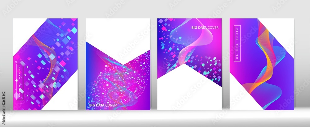Trendy Covers Set. Big Data Neon Tech Wallpaper. 3D Liquid Shapes Music Cover Layout.