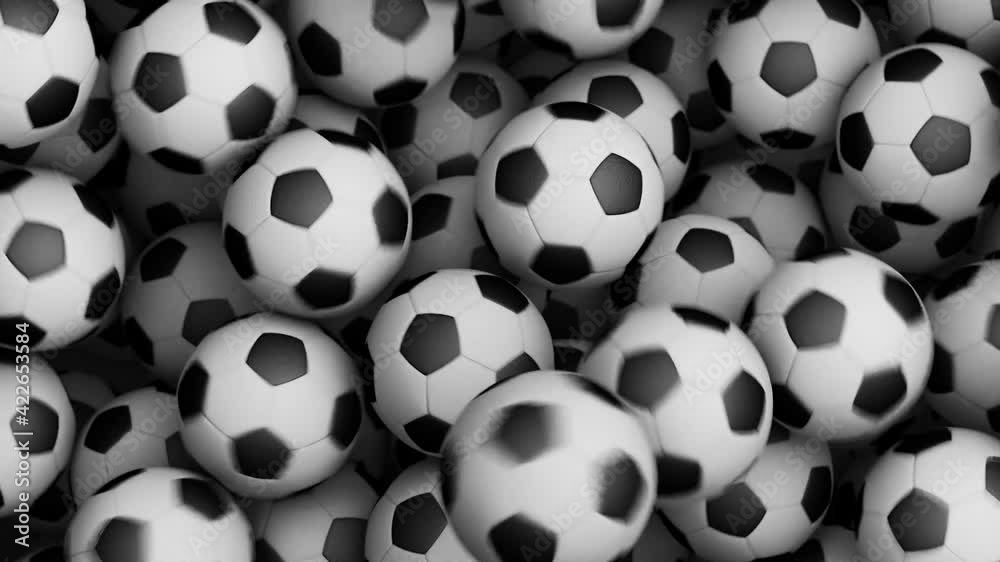 Many soccer balls fall on white background, 3d animation