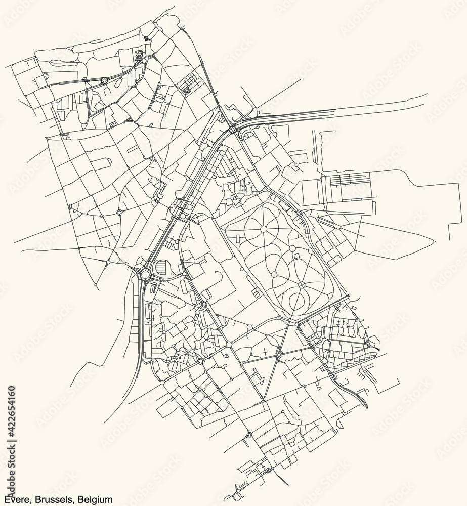 Black simple detailed street roads map on vintage beige background of the quarter Evere municipality of Brussels, Belgium