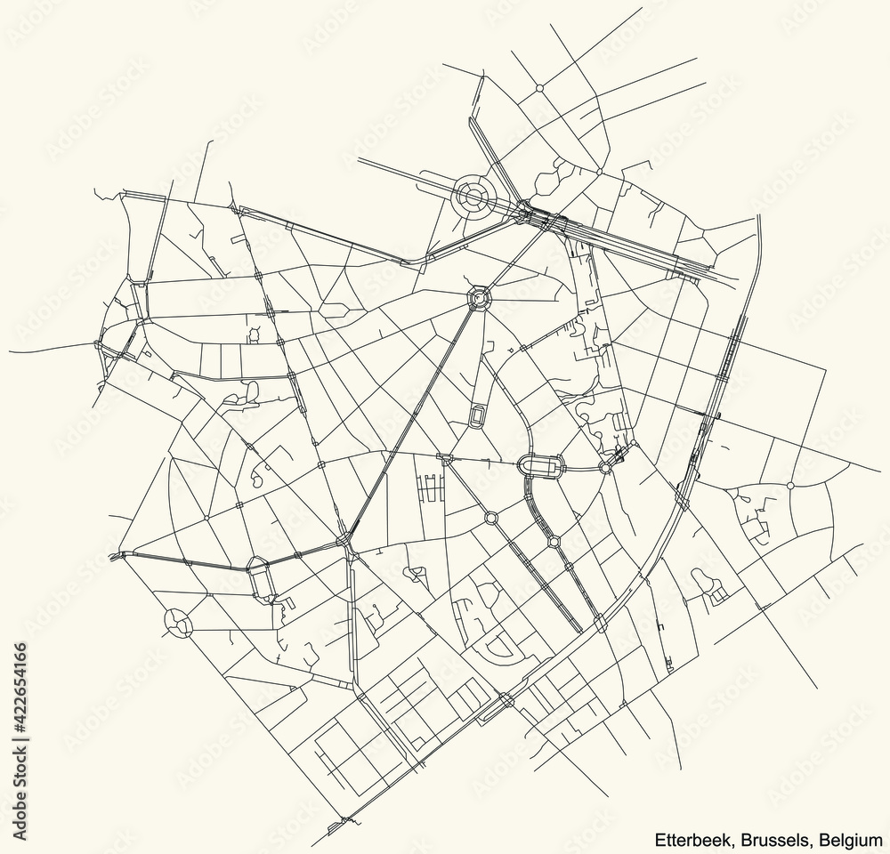 Black simple detailed street roads map on vintage beige background of the quarter Etterbeek municipality of Brussels, Belgium