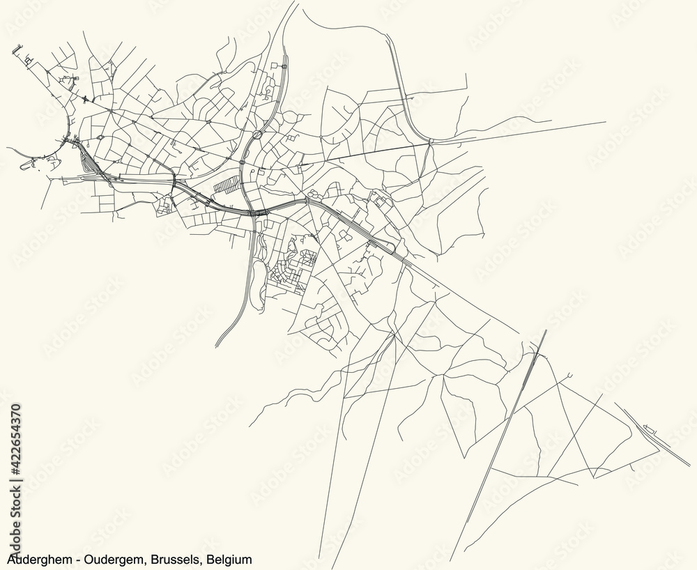 Black simple detailed street roads map on vintage beige background of the quarter Auderghem (Oudergem) municipality of Brussels, Belgium