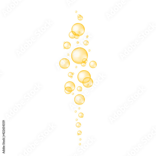 Golden glossy bubbles streaming. Collagen, serum, jojoba cosmetic oil, vitamin A or E, omega fatty acids balls. Vector realistic illustration.