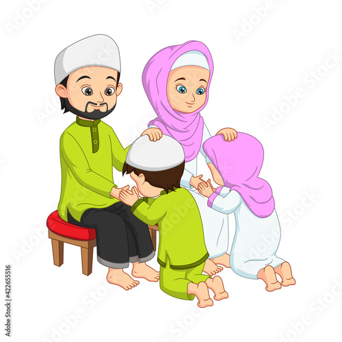 Muslim kids prostrating and kissing his parents hands