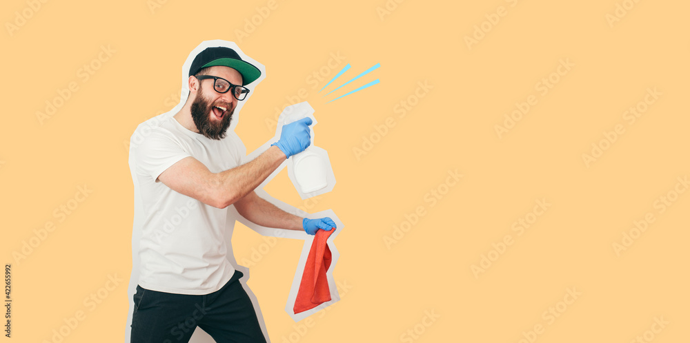 Collage in a magazine style with professional cleaning service worker. Flyer with trendy colors. Modern creative design of environmentally friendly natural cleaning products. Eco cleaning Collage in a magazine style with professional cleaning service worker. Flyer with trendy colors. Modern creative design of environmentally friendly natural cleaning products. Eco cleaning