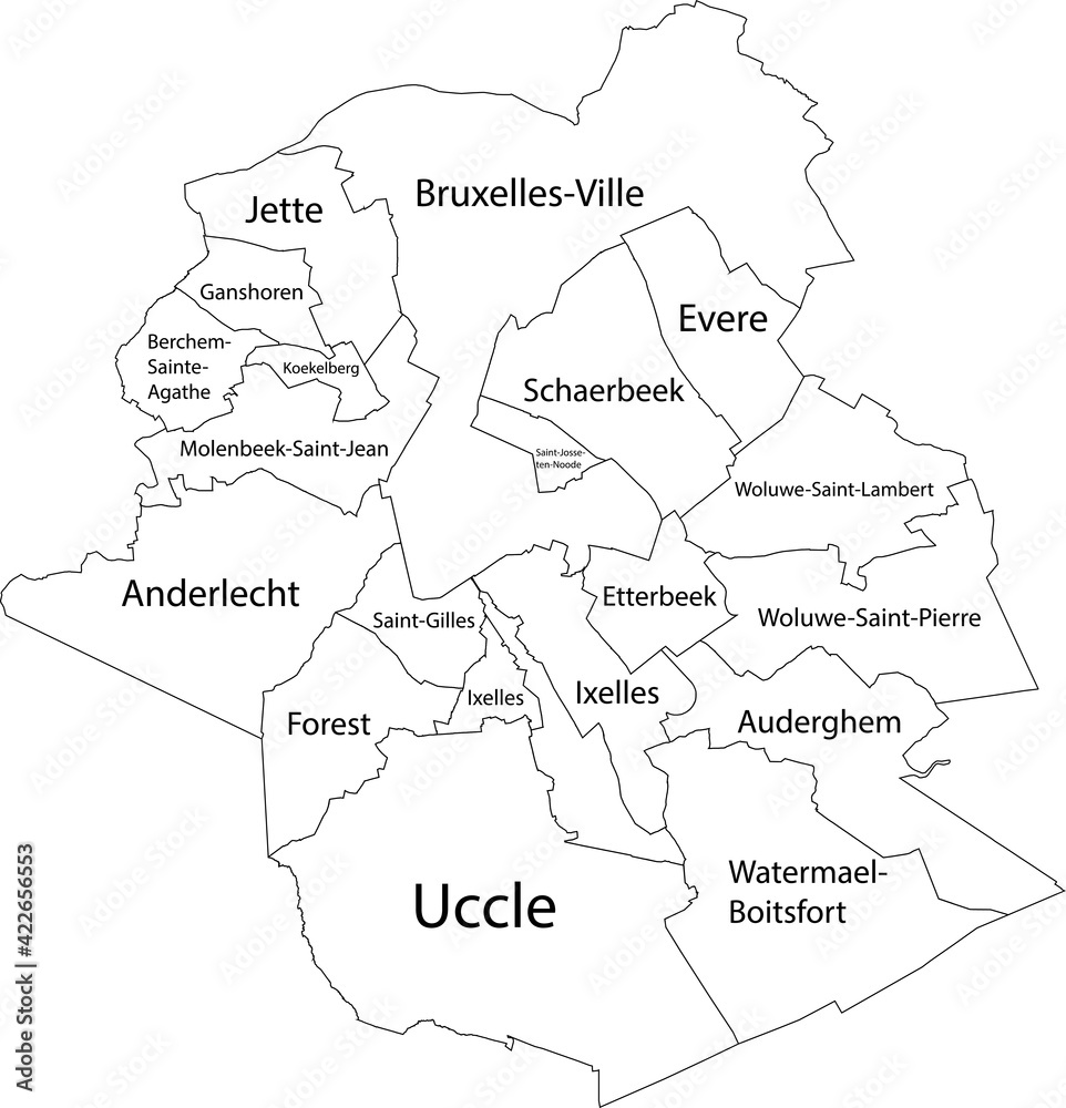 Simple white vector map with black borders and names of municipalities of Brussels, Belgium