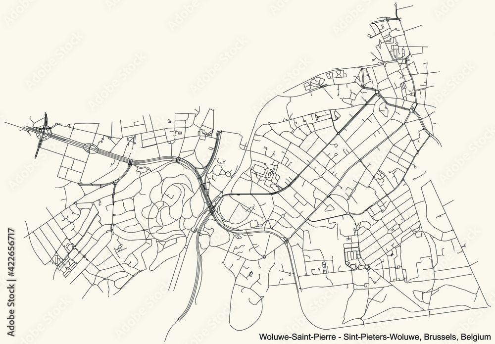 Fototapeta premium Black simple detailed street roads map on vintage beige background of the quarter Woluwe-Saint-Pierre (Sint-Pieters-Woluwe) municipality of Brussels, Belgium