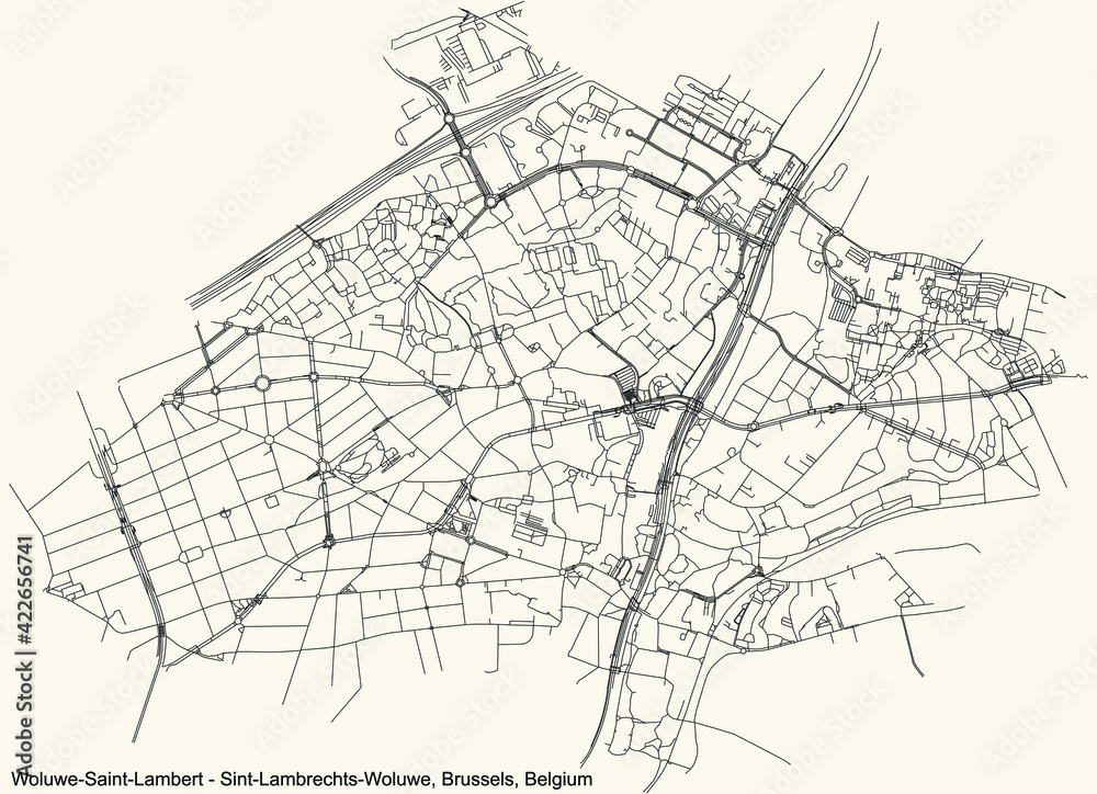 Black simple detailed street roads map on vintage beige background of the quarter Woluwe-Saint-Lambert (Sint-Lambrechts-Woluwe) municipality of Brussels, Belgium
