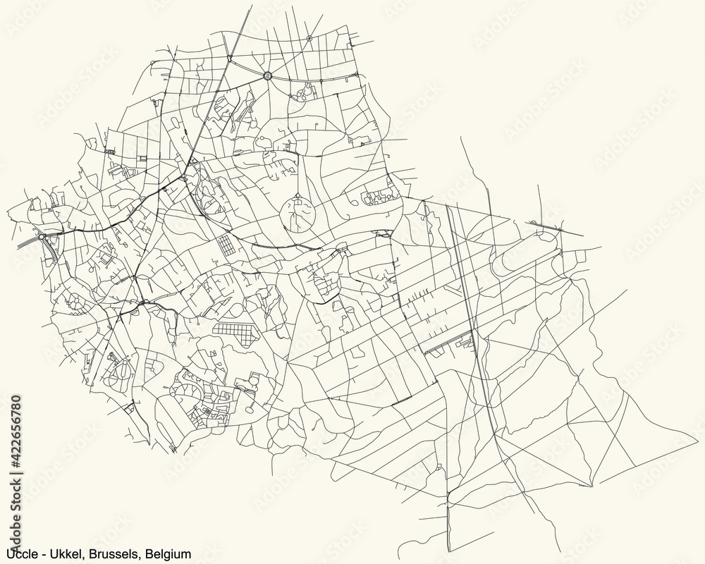 Black simple detailed street roads map on vintage beige background of the quarter Uccle (Ukkel) municipality of Brussels, Belgium