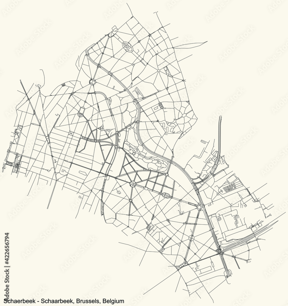 Black simple detailed street roads map on vintage beige background of the quarter Schaerbeek municipality of Brussels, Belgium