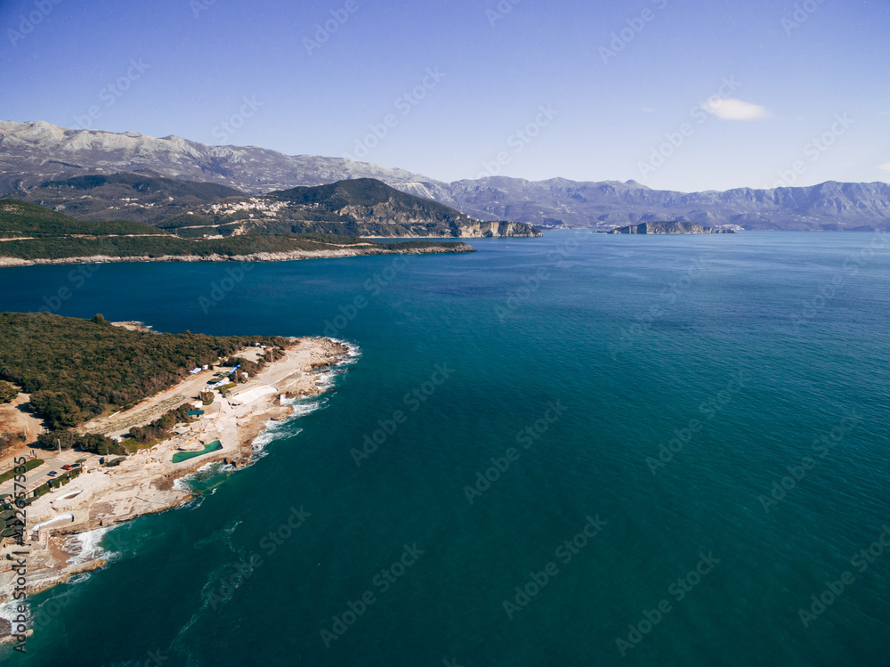 Ploce beach in Budva Riviera, Montenegro. Aerial photography