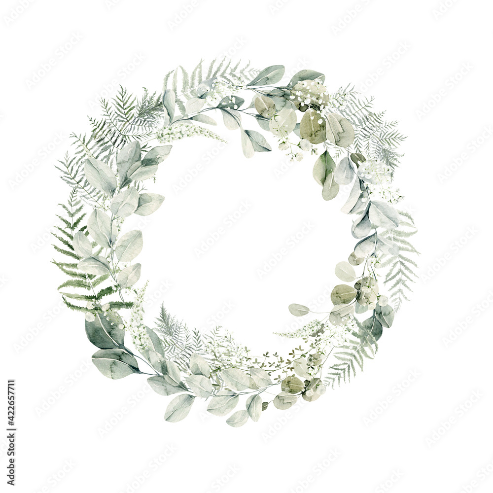 Watercolor floral wreath of greenery. Hand painted frame of green ...