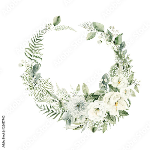 Watercolor floral wreath of greenery. Hand painted frame of white flowers,  green eucalyptus leaves, forest fern, gypsophila isolated on white background. Botanical illustration for design, print