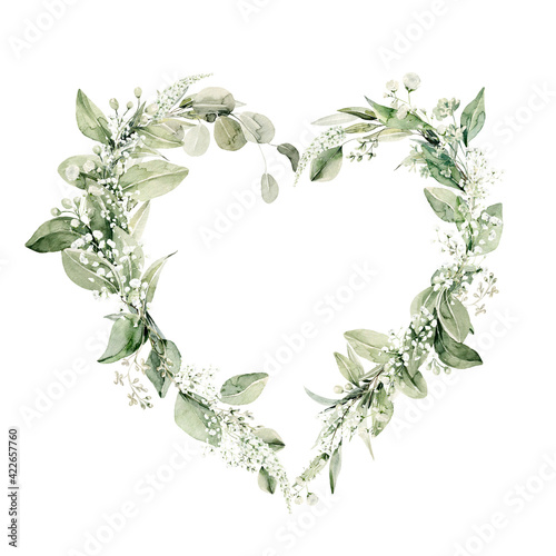 Watercolor floral wreath of greenery. Hand painted frame heart of green eucalyptus leaves, forest fern, gypsophila isolated on white background. Botanical illustration for design, print photo