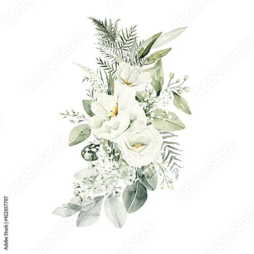 Watercolor floral composition. Hand painted white flowers, forest leaves of fern, eucalyptus, gypsophila. Bouquet isolated on white background. Botanical illustration for design, print