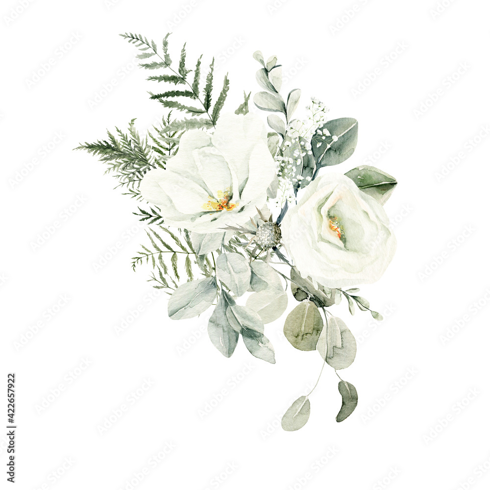 Plakat Watercolor floral composition. Hand painted white flowers, forest leaves of fern, eucalyptus, gypsophila. Green bouquet isolated on white background. Botanical illustration for design, print