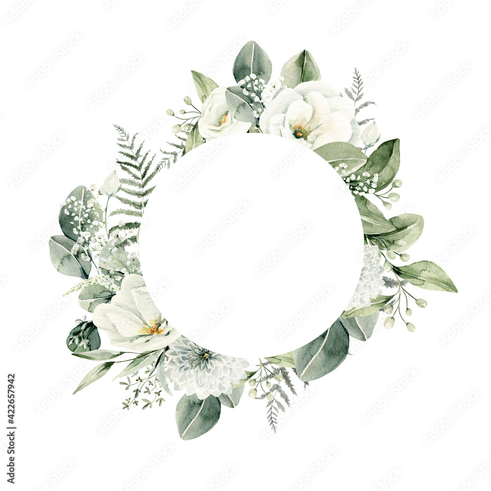 Watercolor floral wreath of greenery. Hand painted frame of white ...