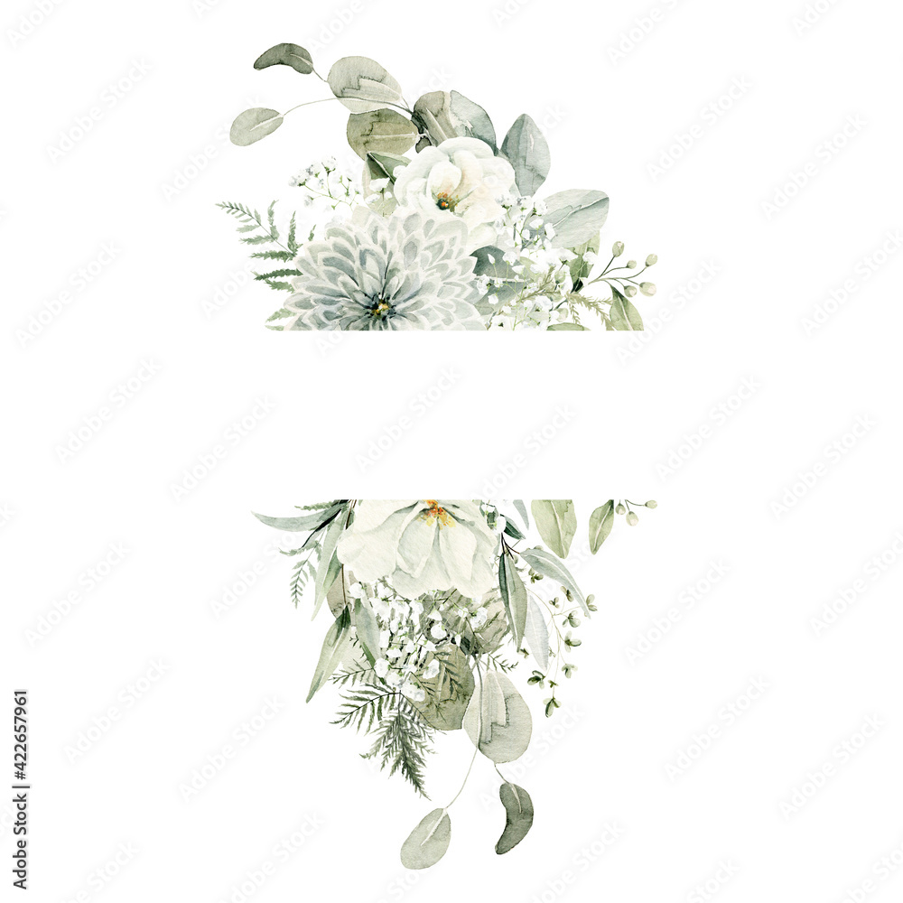 Watercolor floral wreath of greenery. Hand painted frame of white ...