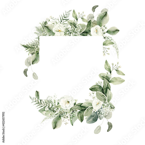 Watercolor floral wreath of greenery. Hand painted frame of white flowers, green eucalyptus leaves, forest fern, gypsophila isolated on white background. Botanical illustration for design, print