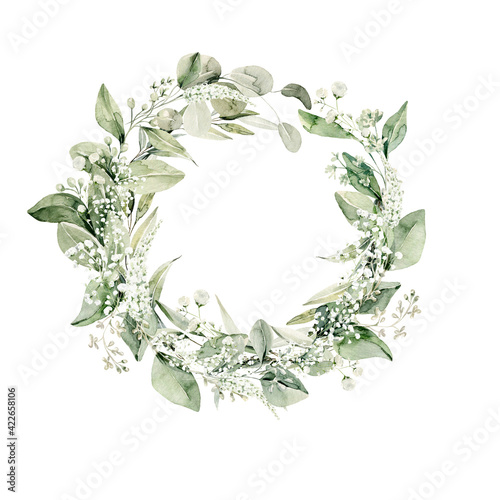 Fotografie, Obraz Watercolor floral wreath of greenery
