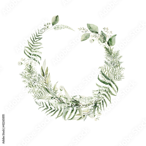 Watercolor floral wreath of greenery. Hand painted frame of green eucalyptus leaves, forest fern, gypsophila isolated on white background. Botanical illustration for design, print