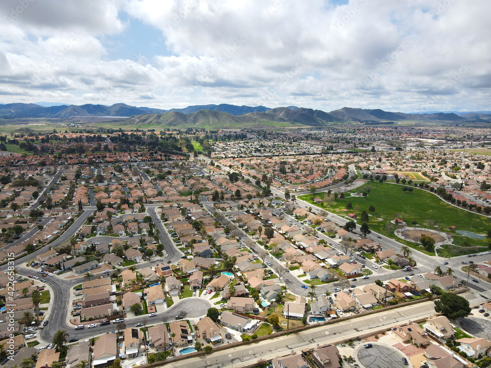 Aerial view of Hemet city during clouded day in the San Jacinto Valley in Riverside County, California, USA.