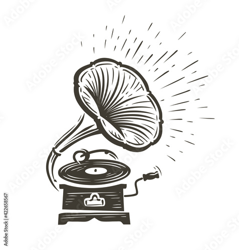 Vintage musical gramophone playing a song. Music concept vector illustration